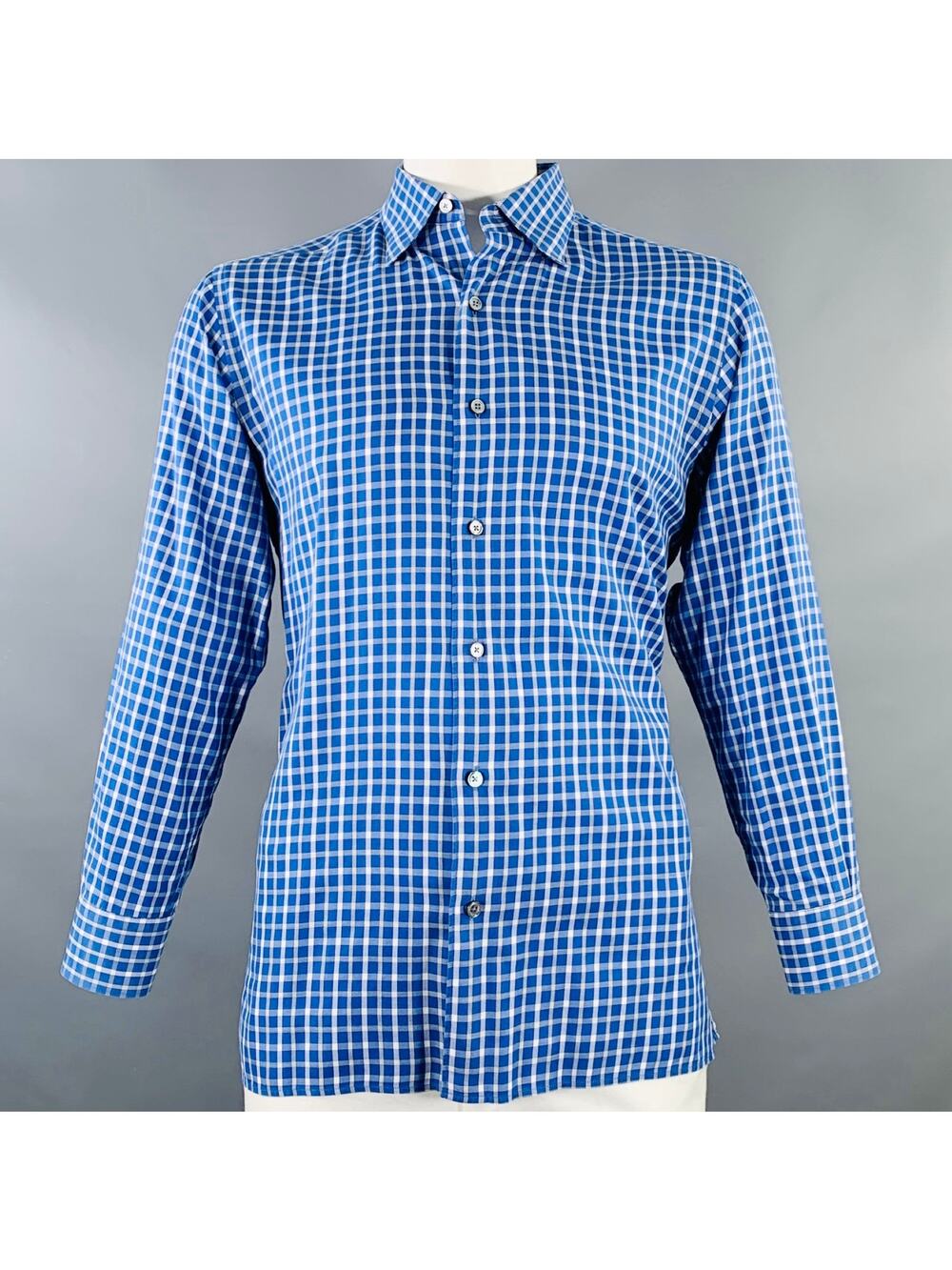 ERMENEGILDO ZEGNA Size L Blue White Checkered Cotton Long Sleeve Shirt